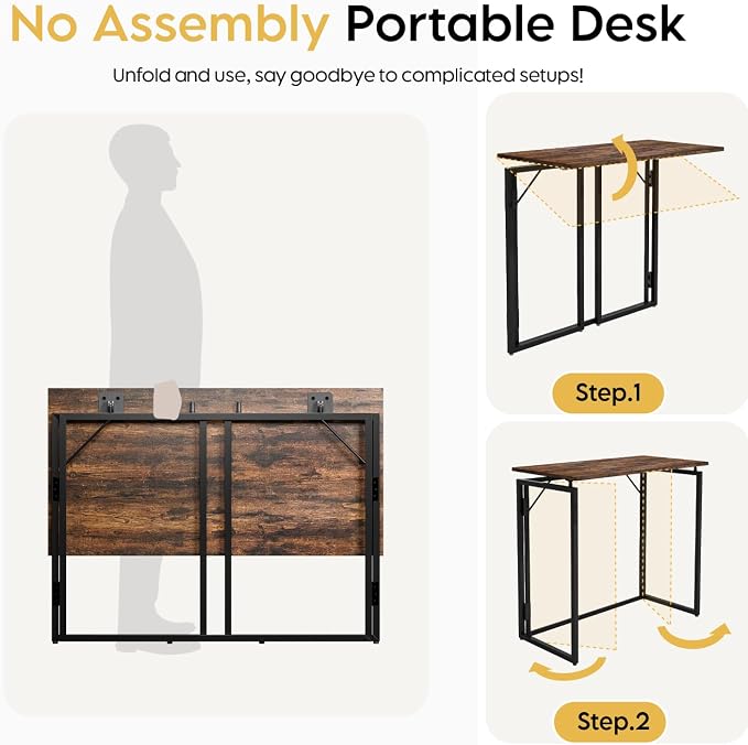 alawooder 39.4" Folding Desk: No Assembly, Wood Top for Small Spaces | 39.4 in dual-monitor workspace, holds 150 lbs, folds flat to 2.3 in, splash-proof top, home office or gaming - Image 6