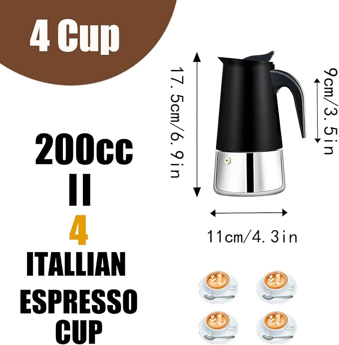4 Cup Stovetop Espresso Maker Stainless Steel Moka Pot Stove Top Percolator Italian Coffee Makers Capable Mocha Greca Machine Cafe Classic Induction Cookers for Home and Camping 200ml 6.6oz - Image 3
