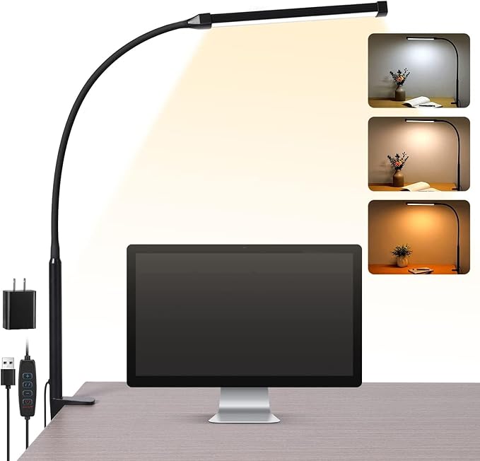 Voncerus LED Desk Lamp with Clamp, Clip on Lights for Home Office, Black | 3 Modes 10 Brightness, Long Flexible Goose-Neck, Eye-Caring, Memory Function, Energy Efficient, USB Adapter, Metal by Voncerus