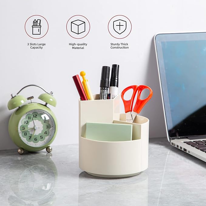 Desk Pencil Pen Holder, 3 Slots 360-Degree Spinning Organizers, Desktop Storage Stationery Supplies, Cute Cup Pot for Office, School, Art Supply, Kids - White - Image 2