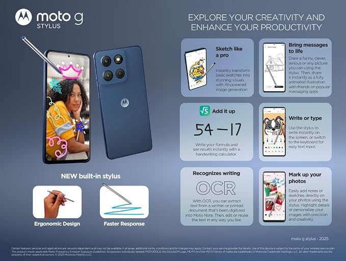 Tracfone Motorola Moto g Stylus 2025, 128GB, Gibraltar Sea - Prepaid Smartphone with Built-in Stylus, 6.8" FHD+ Display, 50MP Camera, 5G (Locked to Tracfone) - Image 2