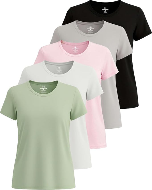 5 Pack Women's Dry Fit Short Sleeve Athletic Gym Workout Running Tops | Available in Plus Size, Exercise, Sports, Fitness, Quick Dry, Cooling, Moisture Wicking, Loose Basic Tees, Yoga, Pilates by RealEssentials