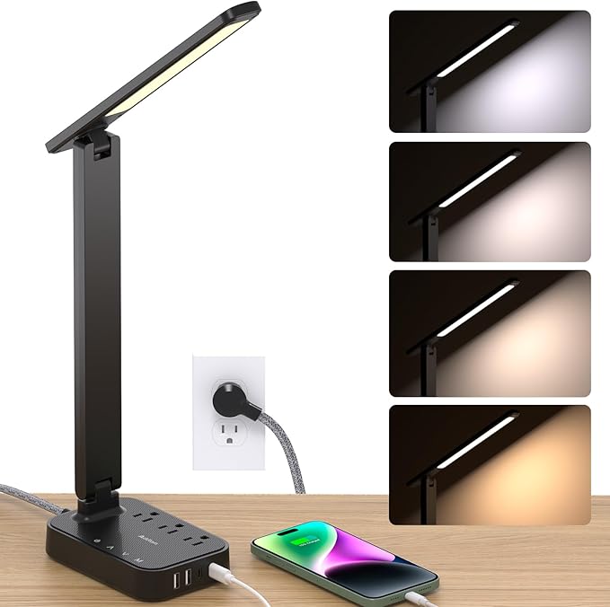 Addtam LED Desk Lamp, Power Strip with 3 Outlets 4 USB Charging Ports(2 USBC), 4 Modes 5 Level Brightness Touch Lamp, Small Desk Lamp for Home Office College Dorm Room Essentials by Addtam