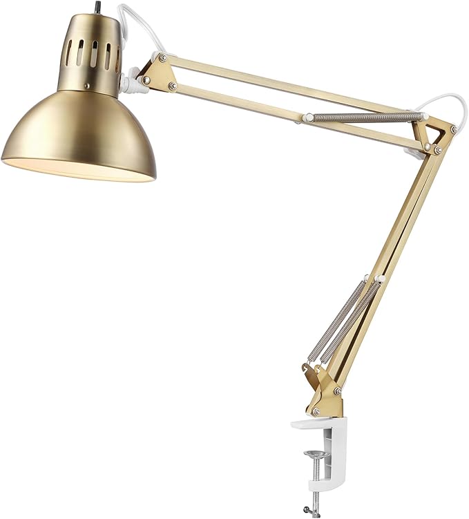 Globe Electric 62000010 32" Multi-Joint Desk Lamp with Metal Clamp, Matte Brass, White Accents, On/Off Rotary Switch on Shade, Partially Adjustable Swing Arm, Home Décor, Office Accessory - Image 4