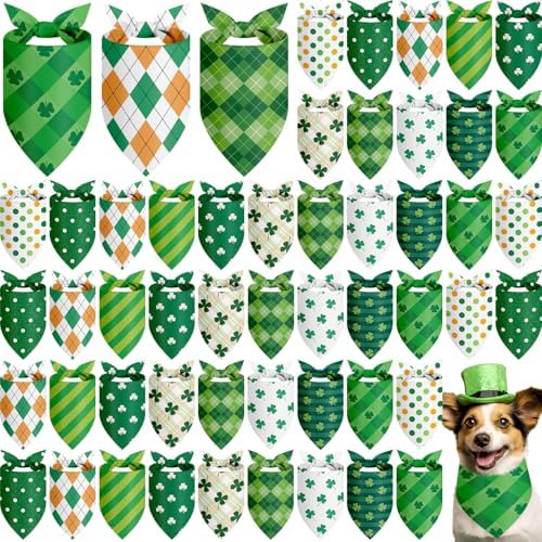 Weewooday 50 Pcs St Patricks Day Bandanas Bulk for Dogs Adjustable Irish Shamrocks Clover Green Plaid Triangle Soft Bibs Puppy Bandana for Small Medium Large Cat Pet Costume(25.6 x 17.7 x 17.7 Inch) by Weewooday