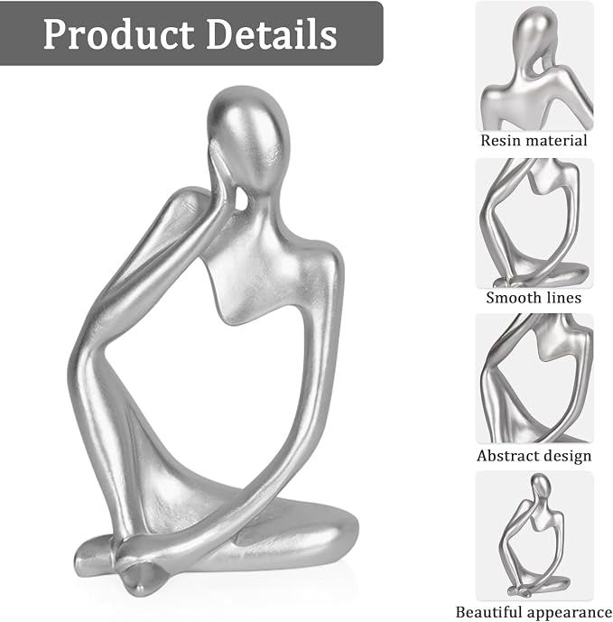 Sandstone Resin Thinker Style Abstract Sculpture Statue Collectible Figurines Home Office Bookshelf Desktop Decor (Small Silver, 3pcs) - Image 4