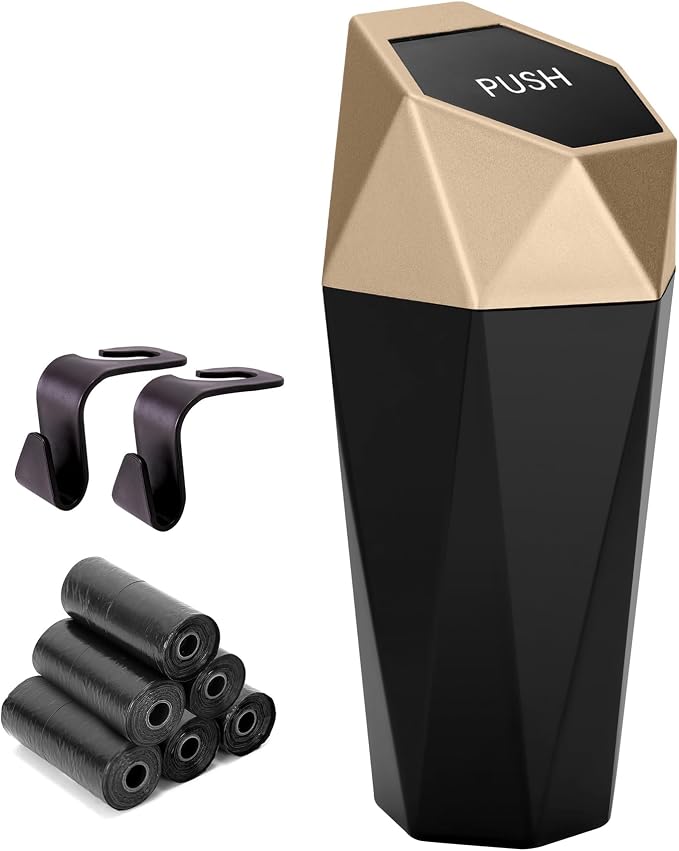 Ginsco Car Trash Can Cup Holder, Mini Car Trash Can with Lid, Car Accessories for Interior, Leakproof Small Trash Cup for Car, Home with Additional 2 ABS Hooks and 90pcs Trash Bags Golden by Ginsco
