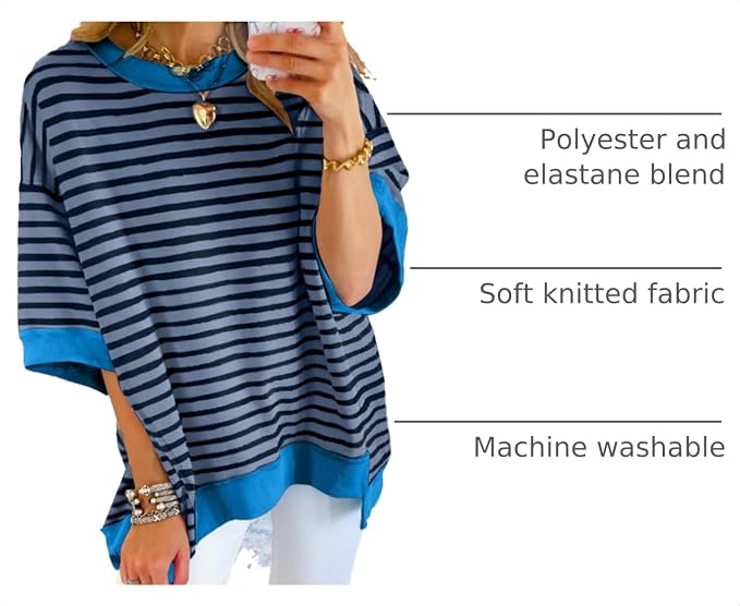 SHEWIN Womens Tops Casual Short Sleeve Sweatshirt Crewneck Striped Shirt Pullover T Shirts Loose Blouses - Image 4