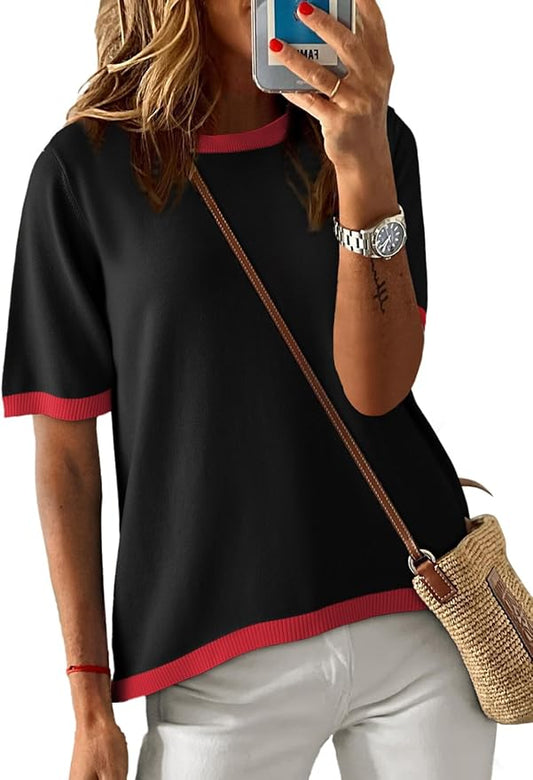 Dokotoo Womens Tops 2026 Casual Summer Crewneck Short Sleeve Striped Color Block Knit High Low Trendy Pullover Sweaters by Dokotoo