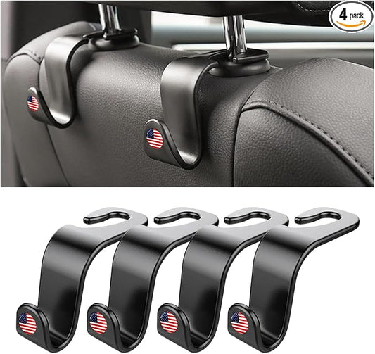4PCS Car Seat Headrest Hooks, Auto Back Seat Hanger Holder, Durable Stylish Vehicle Organizer Universal Car Interior Accessories, Storage Hooks for Purses, Bags, Clothes, Hats (Black/Red Flag) by Hanemia
