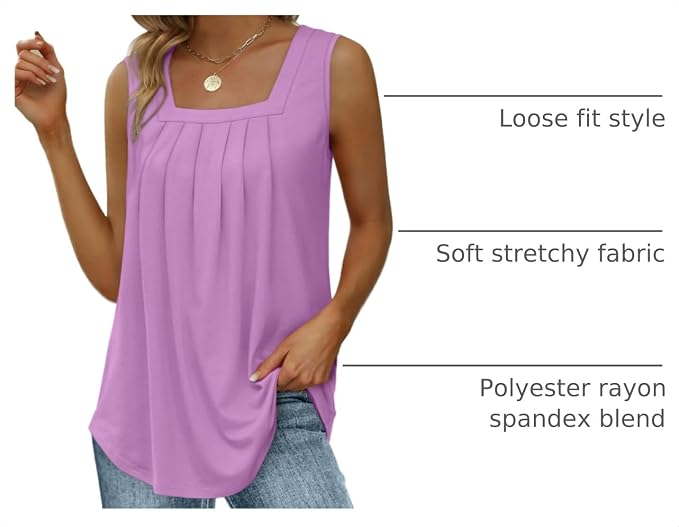 Saloogoe Summer Tank Tops for Women Loose Fit Pleated Square Neck Sleeveless Tops Curved Hem Flowy - Image 4