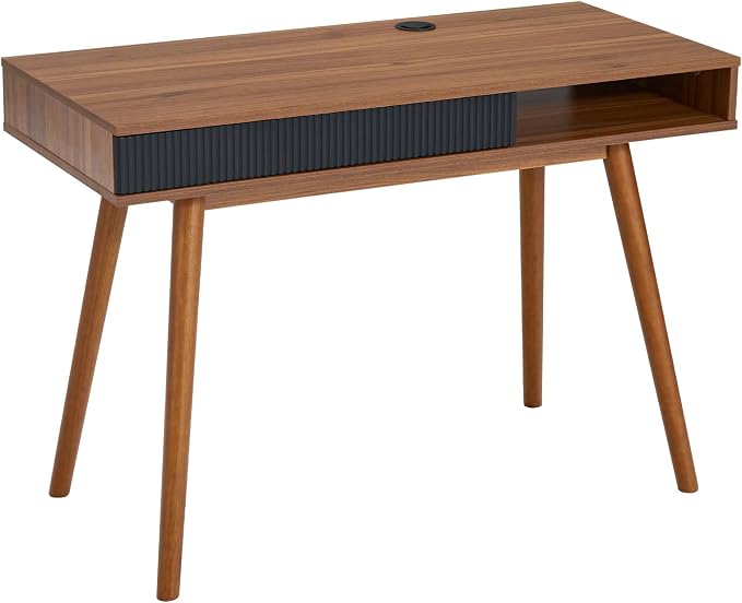 Walnut Wood Desk with Drawer, 42.5" Mid Century Modern Writing Desk | Drawer & Open Storage Cubby, Cable Grommet, Solid Wood Legs, Reinforced Structure for an Organized & Stable Workspace - Image 7