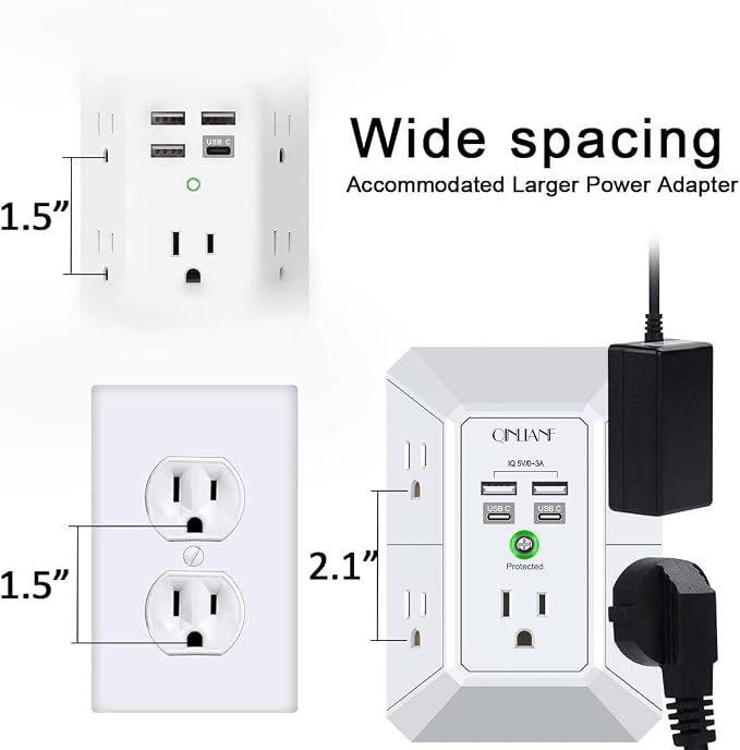 USB Wall Charger, Surge Protector, QINLIANF 5 Outlet Extender with 4 USB Charging Ports(2U2C) 3-Sided 1680J Power Strip Multi Plug Outlets Wall Adapter Spaced for Home Travel Office, White - Image 6