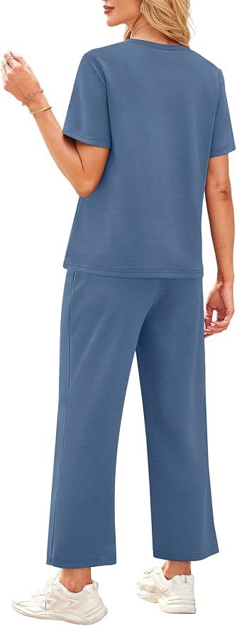WIHOLL 2 Piece Sets for Women Casual Summer Travel Vacation Outfits Short Sleeve Wide Leg Crop Pants Lounge Sets - Image 5