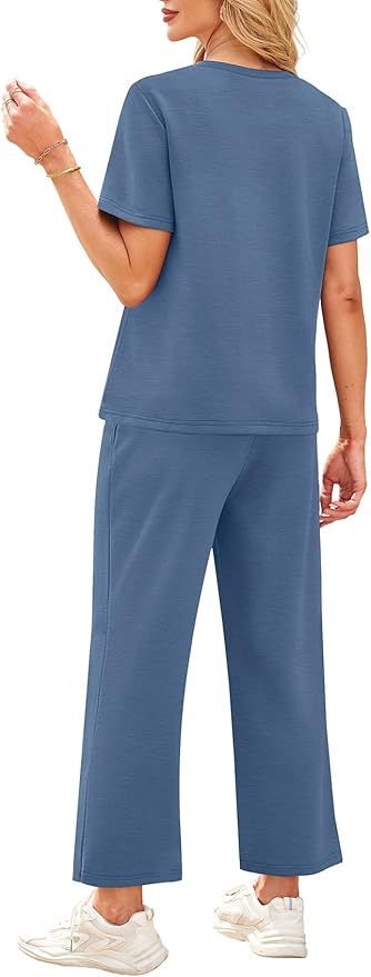 WIHOLL 2 Piece Sets for Women Casual Summer Travel Vacation Outfits Short Sleeve Wide Leg Crop Pants Lounge Sets - Image 5