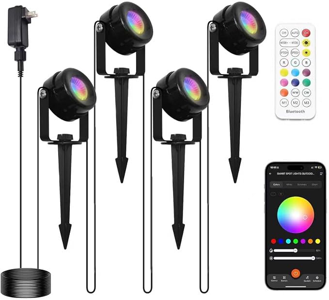 HISTAR Low Voltage Landscape Lighting with Bluetooth App Control & Remote, Outdoor Spot Lights for Fence Tree Pathway Lawn Decor, IP65 Waterproof All-in-One Permanent Outdoor Lights(4pack-RGBW) by HistarDirect