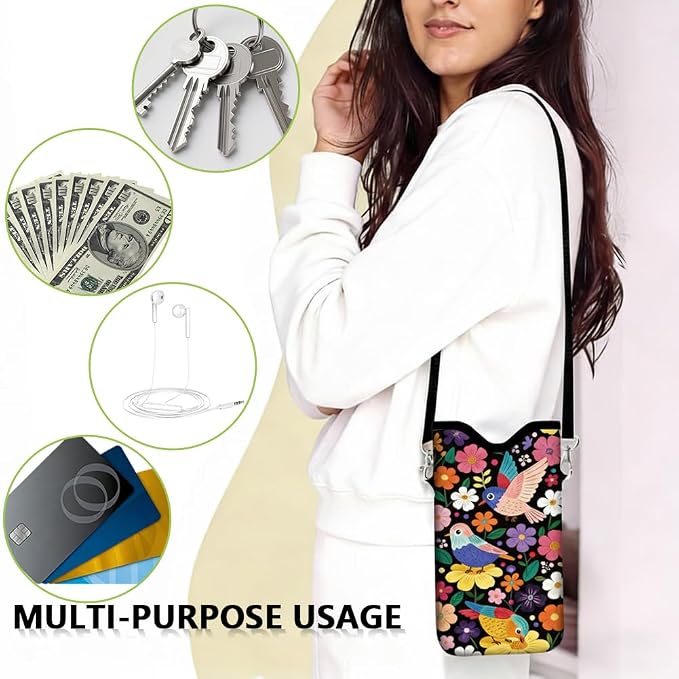Floral Phone Pouch Phone Crossbody Sleeve Birds Colorful Nylon Neoprene Waterproof Cellphone Bag Case with Strap Neck Lanyard Protective Carrying Cover Fits Most Smartphones 7.1 x 3.9 Inch - Image 7