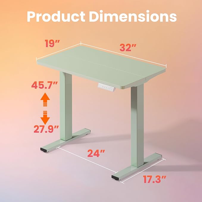 HUANUO 32x19 Inch Small Electric Standing Desk, Adjustable, Sage Green | Compact Home Office Desk, 176lbs heavy duty lifting with 4 height presets. M8 screw holes ready for DIY mobile wheels - Image 3
