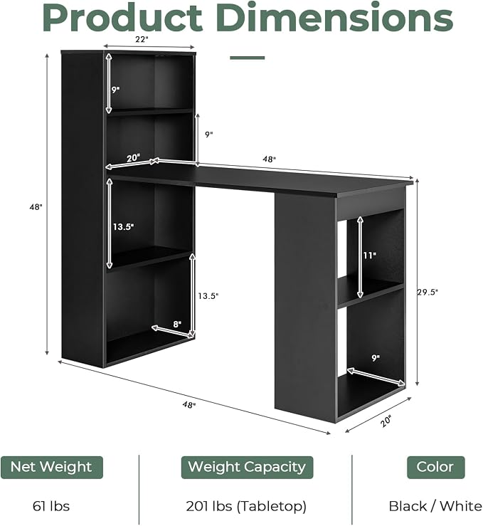 GRAFFY Computer Desk with 6 Storage Shelves - 48" Reversible Writing Desk Workstation with Bookshelf and CPU Stand, Modern Compact Office Desk for Bedroom, Study, Home, Office (Black) - Image 2