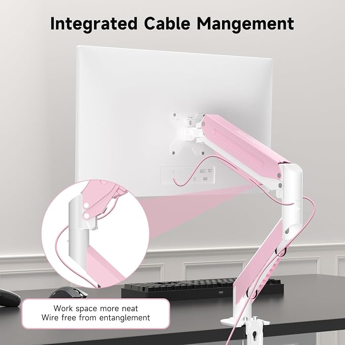 Suptek Monitor Mount Gas Spring Monitor Arm Desk Mount Fully Adjustable Fits 17 20 22 23 24 26 27 32 35 inch Monitors Weight Capacity up to 24.25 lbs, Pink - Image 6