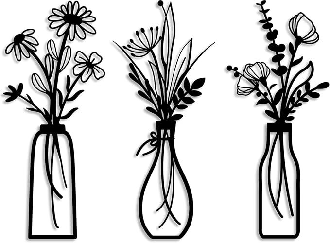Pigort 3 Pieces Metal Flowers Wall Arts - Rustic Farmhouse Decor Black Minimalist Flower Wall Decors for Living room Bathroom Bedroom Dining Room - Housewarming Gifts(Black, Vase-C) by Artisinfiniteloveiseternaljustlikepi