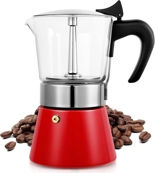 9 Cup 450ml Glass Moka Pot, Stovetop Espresso Maker, Red | Crystal Glass-top & Stainless Steel Coffee Maker, Induction Compatible, for Greca de Cafe, Cuban and Italian Coffee Brewing by Suiitat