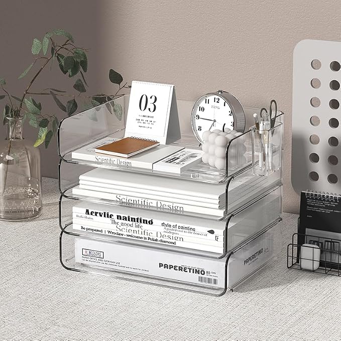 FANXIYQ 4-Tier Horizontal Acrylic Paper Tray Organizer with Pen Holder | Clear Stackable Desk Organizer for Documents, Letters, A4 Paper | Modern Office/Classroom/Home Organization - Image 4