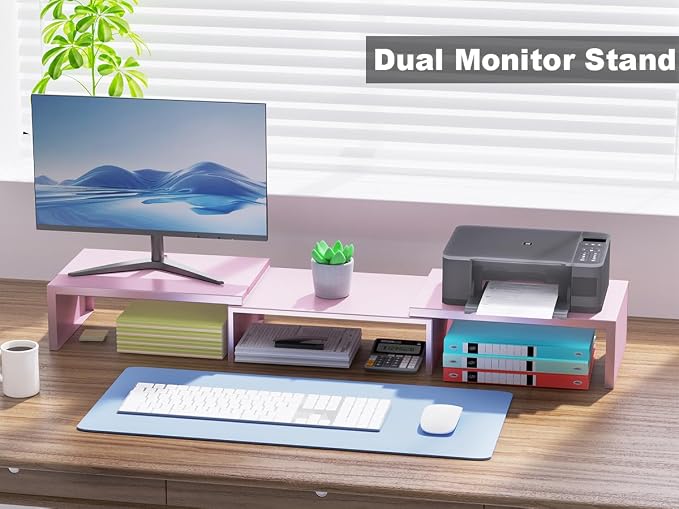 Dual Monitor Stand for Desk, Metal Monitor Riser, Pink office Supplies and Accessories (Pink) - Image 6