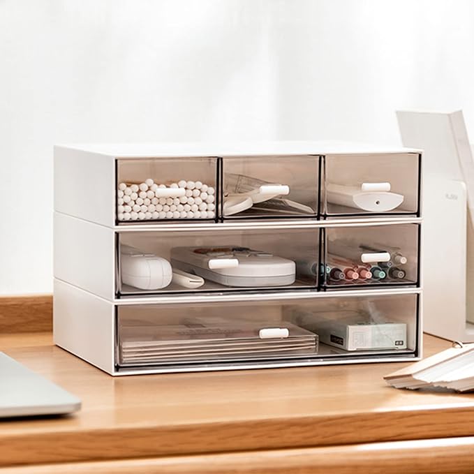 Desk Organizer-3 Tier Stackable Storage Drawers with 6 Compartments White Compact Desk Storage Drawers Great for Makeup Storage Bathroom Organization Accessories Etc (White) by kulusion