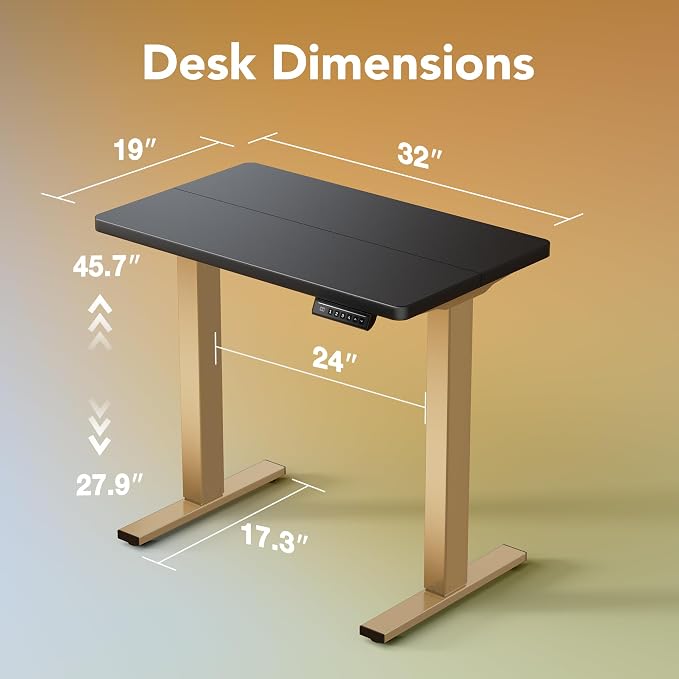 HUANUO 32" Small Electric Standing Desk Adjustable Height, 4 Memory Height Settings, Sit Stand Up Desk for Home Office & Computer Workstation, Black and Gold Frame - Image 2