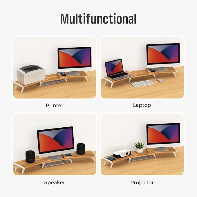 loukin Dual Monitor Stand Riser for Desk, 43.6"*8.2"*3.2" Large Computer Stand for 2 Monitors, Laptop, Printer, Length and Angle Adjustable Computer Shelf, Home Office,Max 43.6" Length Natural - Image 6
