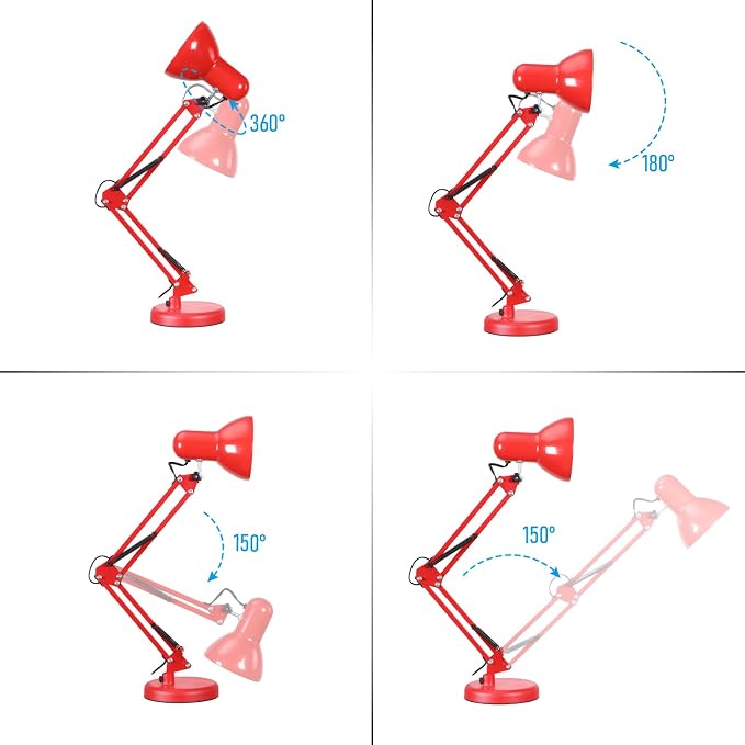TORCHSTAR Metal Desk Lamp, Adjustable Swing Arm, E26, Red | Architect Gooseneck Multi-Joint Clip Table Lamp with Plastic Clamp, for Home Office, Work, Study, Reading, Bulbs not Included - Image 5