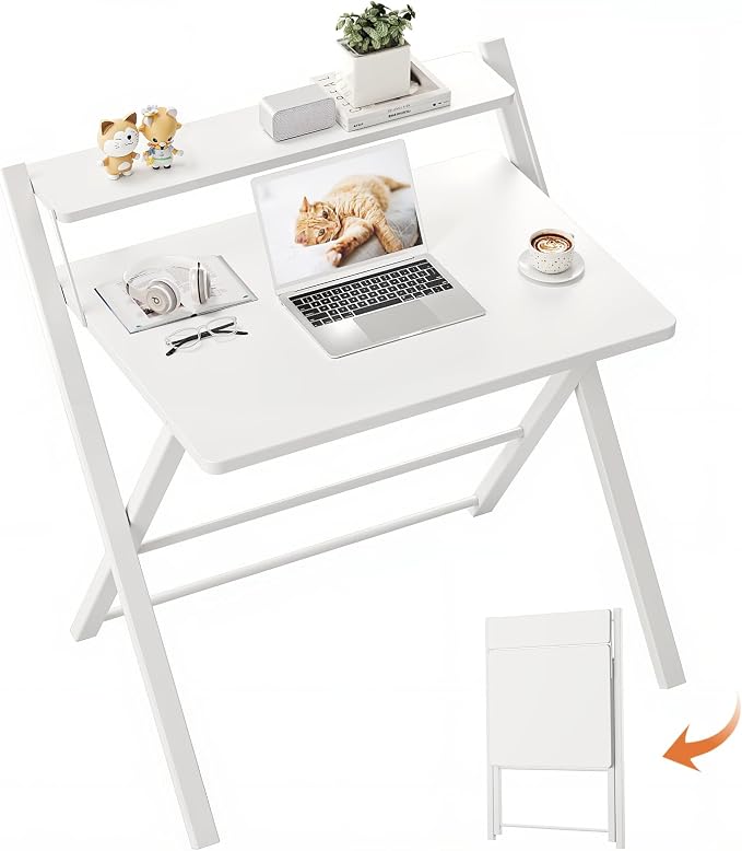 GreenForest Folding Desk No Assembly Required Large Size, 2-Tier Foldable Computer Desk with Shelf for Home Office, Space Saving Portable Laptop Study Foldable Table for Bedroom, White | Portable Foldable Table for Laptop, 2-Tier Compact with Shelf, Sp... by GreenForest