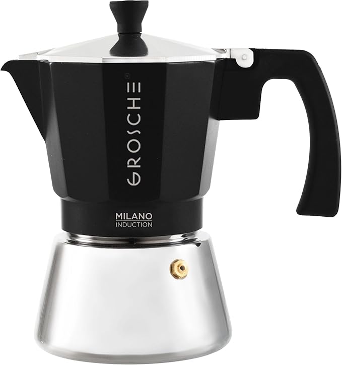 GROSCHE Milano Induction Stovetop Espresso Maker Moka Pot 6 Cup (Black) | Induction Moka Pot For Gas, Electric And Induction Cooktops With Aluminum Upper Chamber, Stainless Steel Base, And Burn Guard by GROSCHE