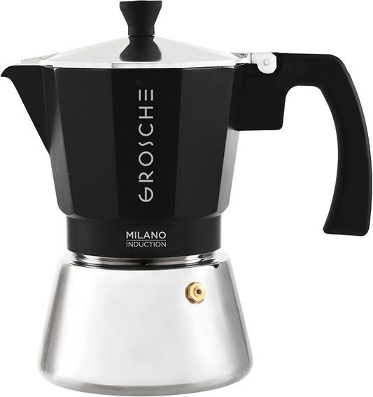 GROSCHE Milano Induction Stovetop Espresso Maker Moka Pot 6 Cup (Black) | Induction Moka Pot For Gas, Electric And Induction Cooktops With Aluminum Upper Chamber, Stainless Steel Base, And Burn Guard by GROSCHE