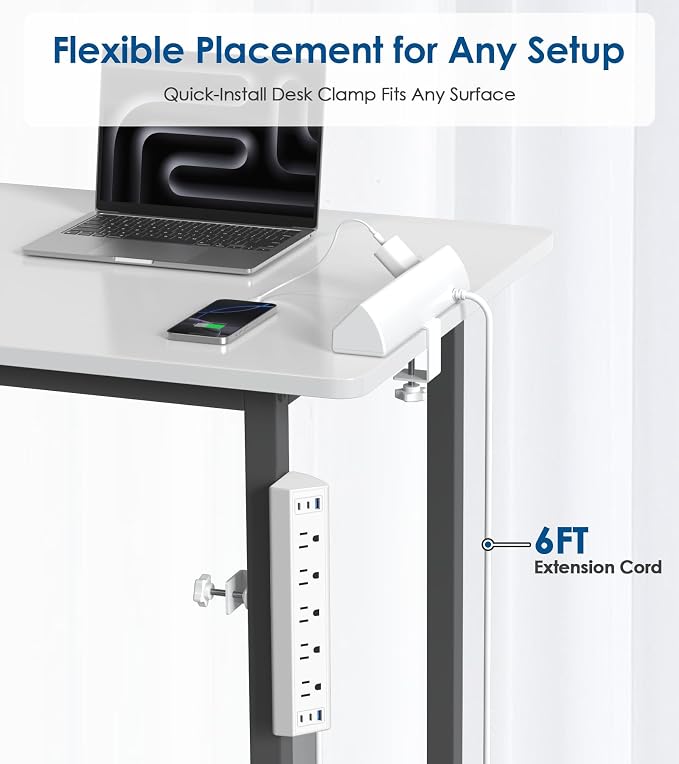Jgstkcity Desk Clamp Power Strip USB C,Table Surge Protector | 1200J,Total 40W Charging Hub,5 Outlets & 6 USB,6FT Extension Cord,Fits 1.96" Desktop Edge,Office,Gaming,Dorm,White - Image 6