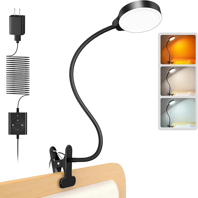 Glocusent 5W Clip on Light, 3 Colors & 5 Brightness Reading Light for Bed | Flexible Gooseneck Clip on Lamp, 30-Min Timer, Reading Lamp, Perfect Desk Lamp for Dorm,Bunk,Bed,Headboard,Table,Work,Craft by GLOCUSENT