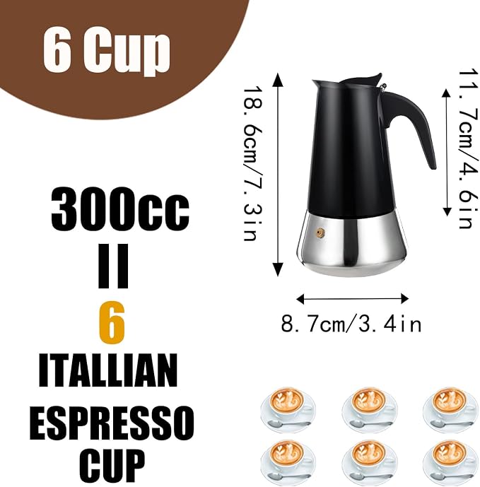 6 Cup Stovetop Espresso Maker Stainless Steel Moka Pot Stove Top Percolator Italian Coffee Makers Capable Mocha Greca Machine Cafe Classic Induction Cookers for Home and Camping 300ml 10oz - Image 2