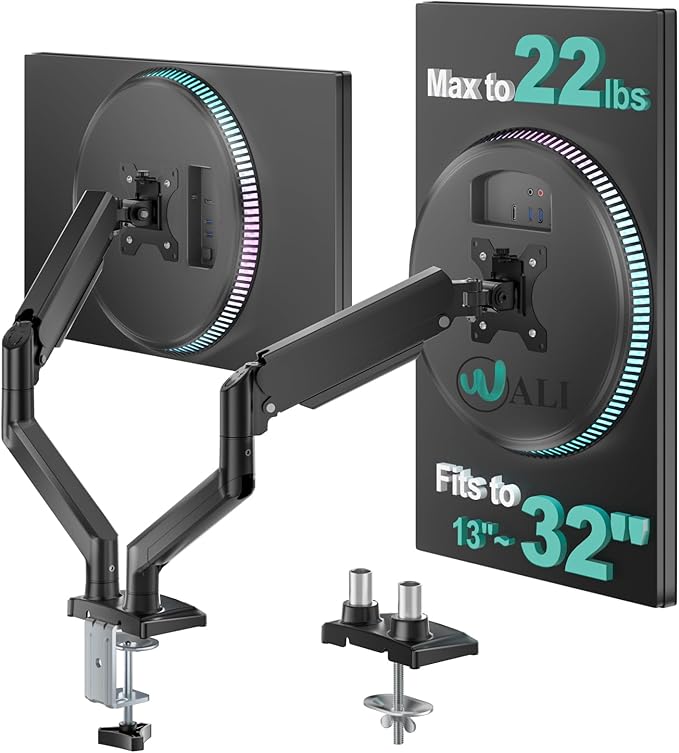 WALI Dual Monitor Stand for 13-32 inch Computer Screens, Dual Monitor Arms for 2 Monitors Holds up to 22 lbs, Height Adjustable Dual Monitors Mount, VESA 75x75/100x100mm (GSMP002N), Black by WALI