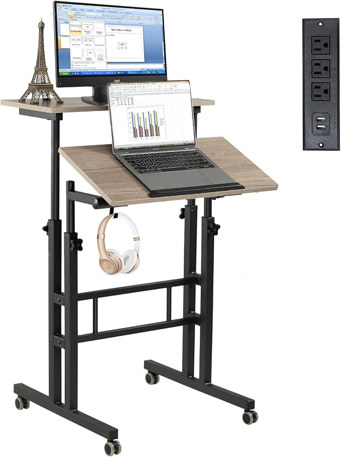 Hadulcet Mobile Standing Desk Adjustable Height with Charging Station | Standing Computer Desk, Standing Adjustable Laptop Cart with Wheels for Home Office Classroom Light Grey by Hadulcet