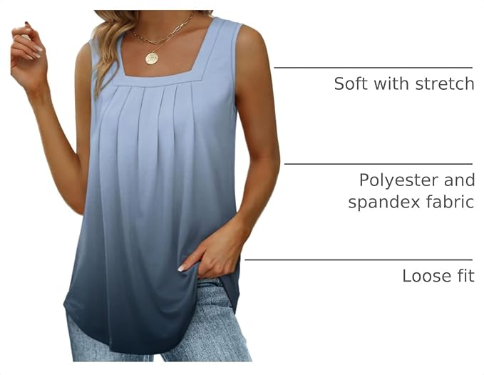 Saloogoe Summer Tank Tops for Women Loose Fit Pleated Square Neck Sleeveless Tops Curved Hem Flowy - Image 4