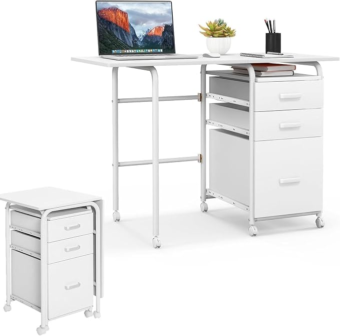Folding Computer Desk with 6 Wheels, 41.5" Modern Steel Collapsible Home Office Desk with 3 Storage Drawers, Portable Writing Laptop Desk for Bedroom, Study, Small Space, Home Office, White by BUYNOW
