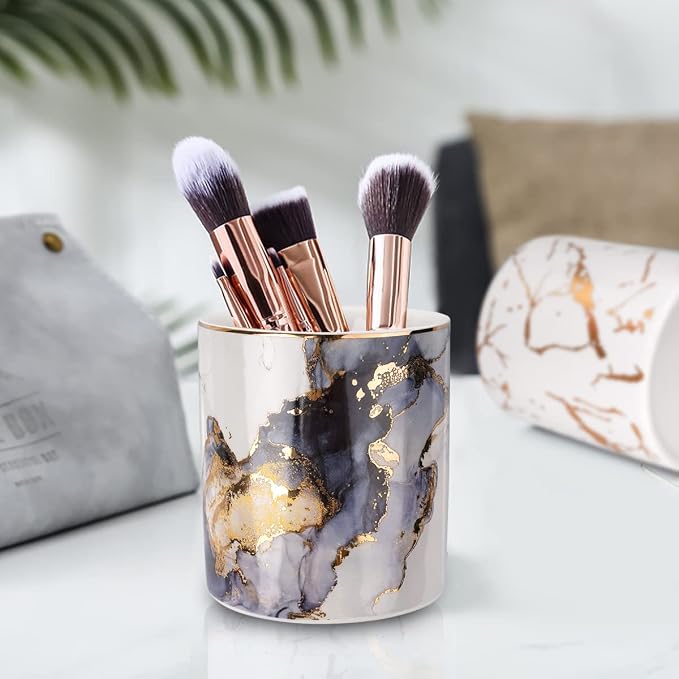 Marble Pencil Holder, Durable Ceramic Desk Organizer Office Supplies,Desktop Stationary Organizer,Multi-Functional Pencil Storage for Desktop Accessories,Office,Classroom,Home,Gray Gold - Image 6