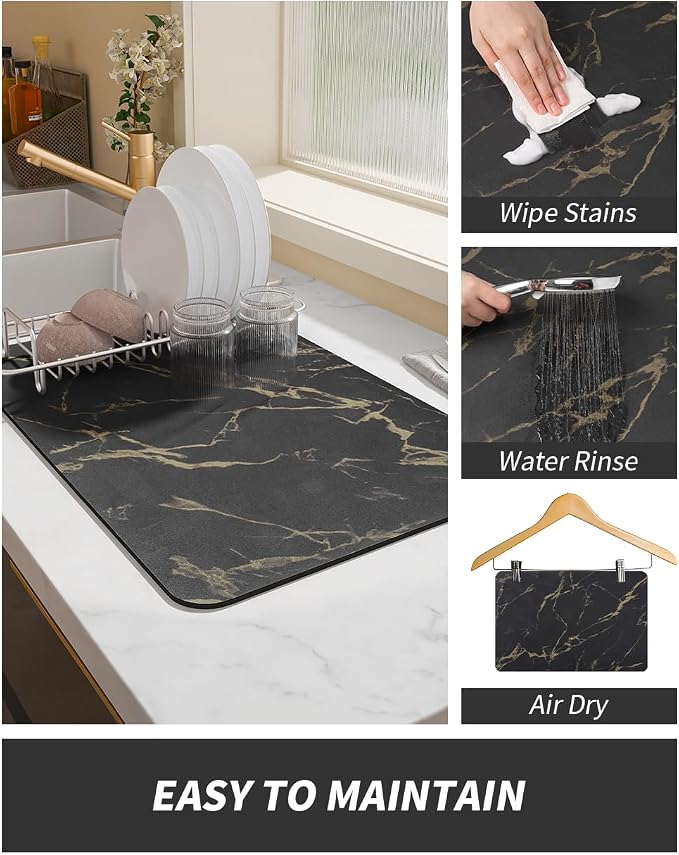 AMOAMI Coffee Mat Hide Stain Rubber Backed Absorbent Dish Drying Mat for Kitchen Counter-Coffee Bar Accessories, Black & Gold, 17"X31.5" - Image 4