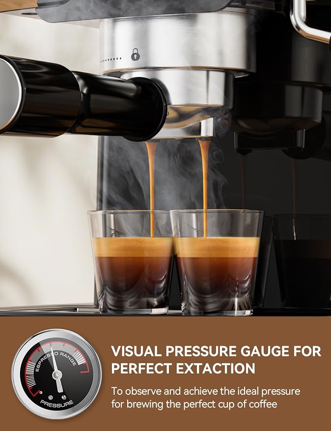 SUMSATY 20 Bar Espresso Machine Retro with Powerful Milk Frother, Black | Visual Pressure Gauge Espresso Coffee Machine 1350W Fast Heating Home Barista for Cappucino Latte Maker, 61oz Water Tank - Image 3