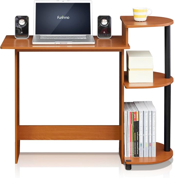 Furinno Compact Computer Desk with Shelves, Round Side, Light Cherry/Black - Image 4