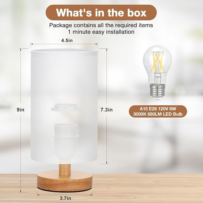 Fenmzee Small Table Lamps (White Shade - Wood Base, 9" Inline Control) | 3000K LED Blub Included | 680 Lumens | Easy Assembly | Minimalist Design | E26 | for Kitchen | for Kids Room - Image 3