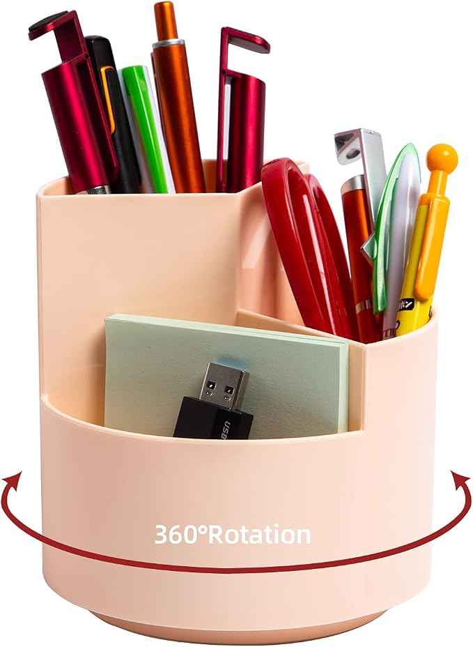 Desk Pencil Pen Holder, 3 Slots 360-Degree Spinning Organizers, Desktop Storage Stationery Supplies, Cute Cup Pot for Office, School, Art Supply, Kids - Pink by EDENMS