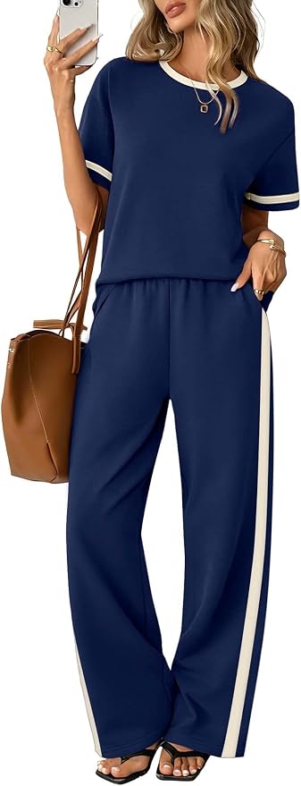 Sampeel 2 Piece Sets for Women Matching Sets Summer Outfits Resort Wear Short Sleeve Lounge Set Wide Leg Pants with Pockets by SAMPEEL