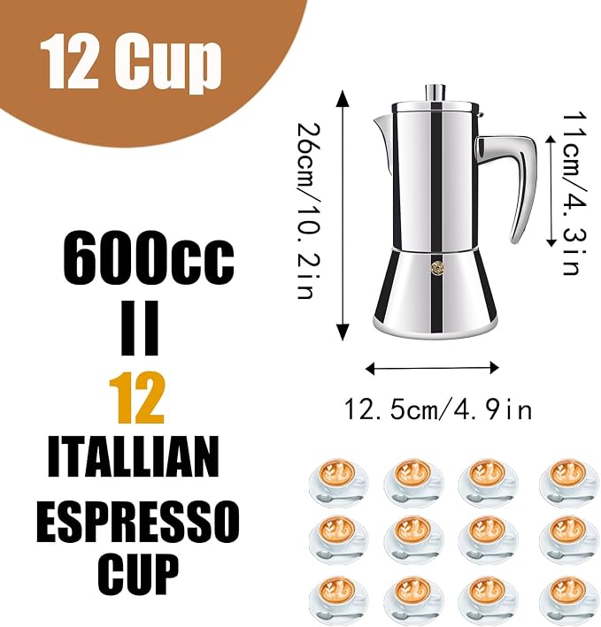 12 Cup Thickened 304 Stainless Steel Moka Pot Stovetop Espresso Maker Cafeteras Italian Percolator Espress Makers Capable Greca Mocha Coffee Machine for Induction Home and Camping 600ml 20oz - Image 2